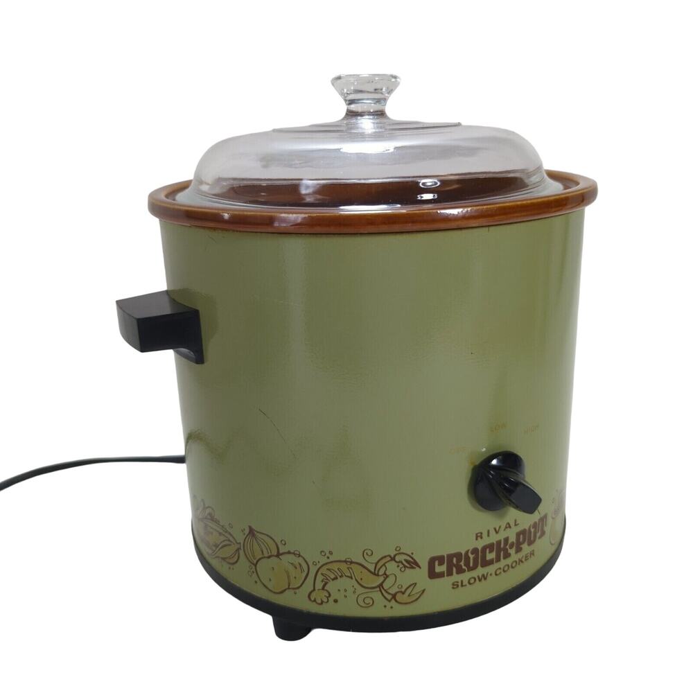 Vintage 70s Crock Pot Slow Cooker 3.5 Quart Stoneware Avocado Mushrooms Works